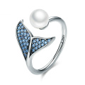 gold silver 925 mermaid tail sterling silver ring adjustable woman luxury open anillo plata 925 with pearl